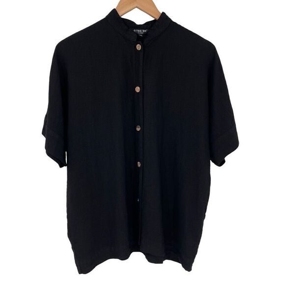 Citron Mandarin Collar Button Up Short Sleeve Shirt Women Medium Black Shimmer - Picture 1 of 5